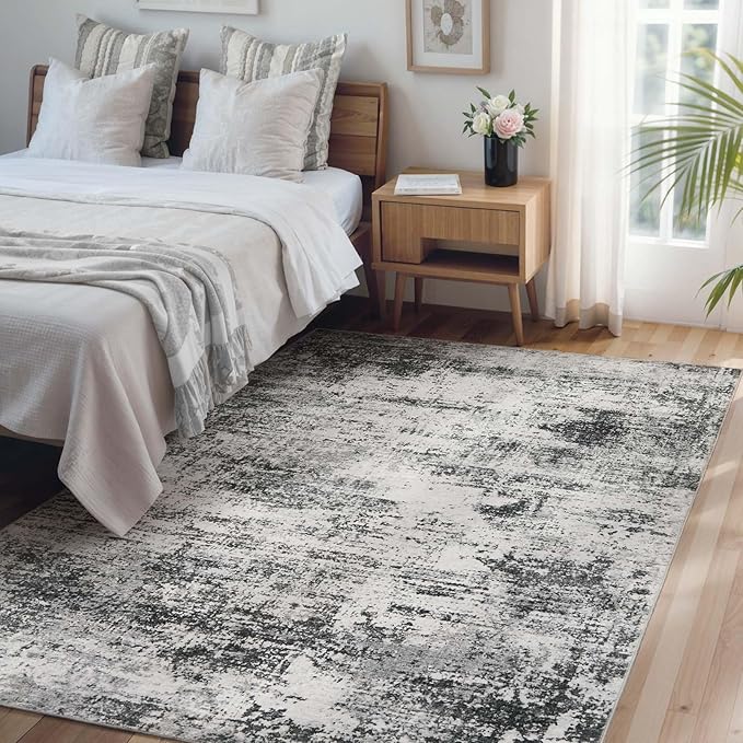 Area Rug Living Room Washable Rugs: 5x7 Modern Neutral Abstract Low Pile Non Slip Floor Carpet - Large Soft Thin Stain Resistant Rug for Bedroom Dining Indoor Office Home, Dark Grey