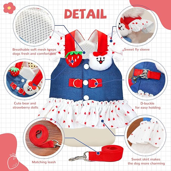 Small Dog Harness and Leash Set Denim Cat Harness Dress for Puppy Clothes for Girls Pink Dog Birthday Dress French Bulldog Harness with Strawberry Bear Decoration