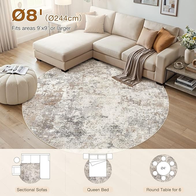 8ft Round Area Rug Living Room Rugs - 8x8 Washable Neutral Modern Abstract Soft Thin Rug Indoor Floor No Slip Rug Carpet for Bedroom Under Dining Table Home Office Decor - Brown Grey
