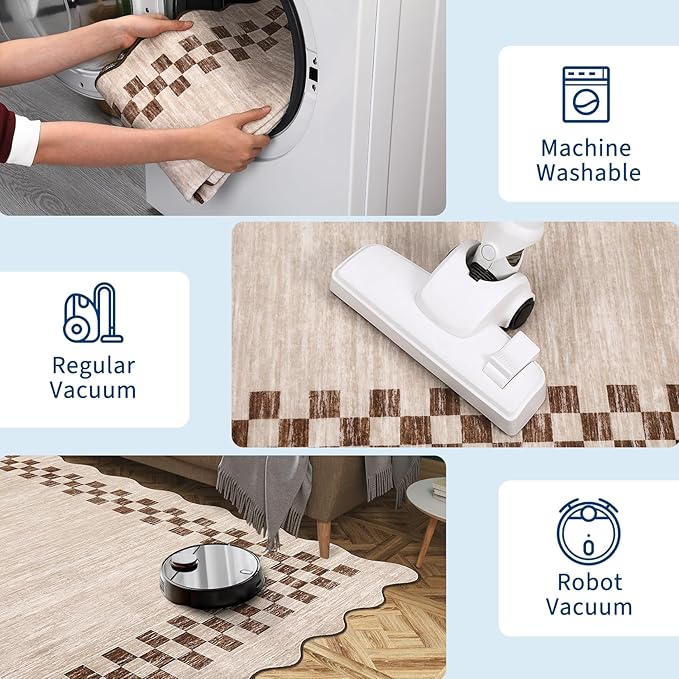 GarveeHome Scalloped Washable Rug 9x12 Area Rug for Living Room Modern Border Large Bedroom Throw Carpet with Rubber Backing Stain Resistant Boho Rug for Dining Room Home Decor Office, Beige