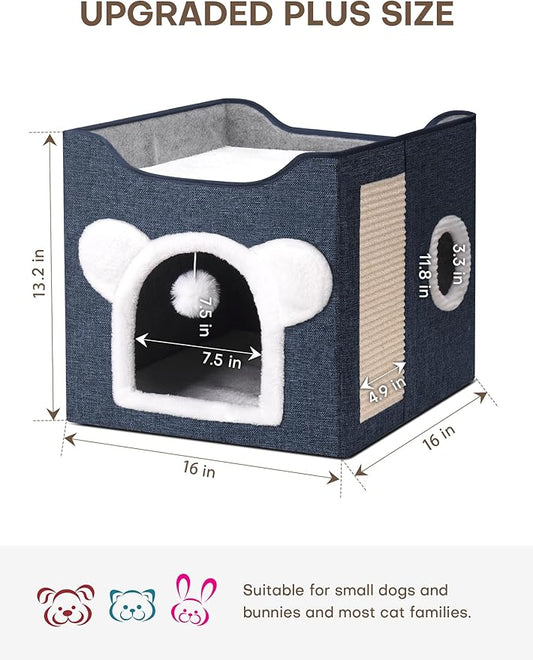 Cat Houses for Indoor Cats, Large Cat Cave with Fluffy Ball and Scratch Pad, Covered Cat Bed House, Foldable Cat Hideaway