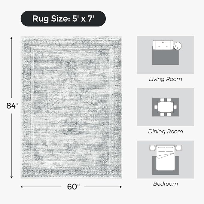 5x7 Washable Area Rugs for Living Room, Soft Faux Wool Carpets for Bedroom Dining Room, Neutral Vintage Distressed Non Slip Stain Resistant Grey White Rug for Home Office Decor