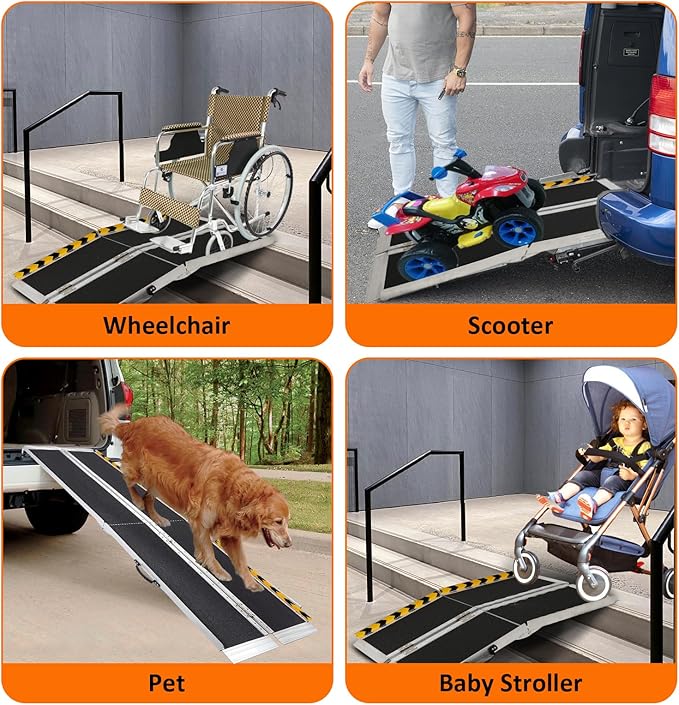 Portable Wheelchair Ramp 5FT, 60" L x 29" W Non-Skid Aluminum Foldable Handicap Ramps for Steps, 800lbs Capacity Threshold Ramps, Lightweight with Handle, for Home,Stairs,Doorways,Curbs (5FT)