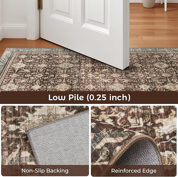 Washable Area Rugs 5x7 Vintage Red, Indoor Rug for Living Room Bedroom, Traditional Farmhouse Carpet for Dining Room