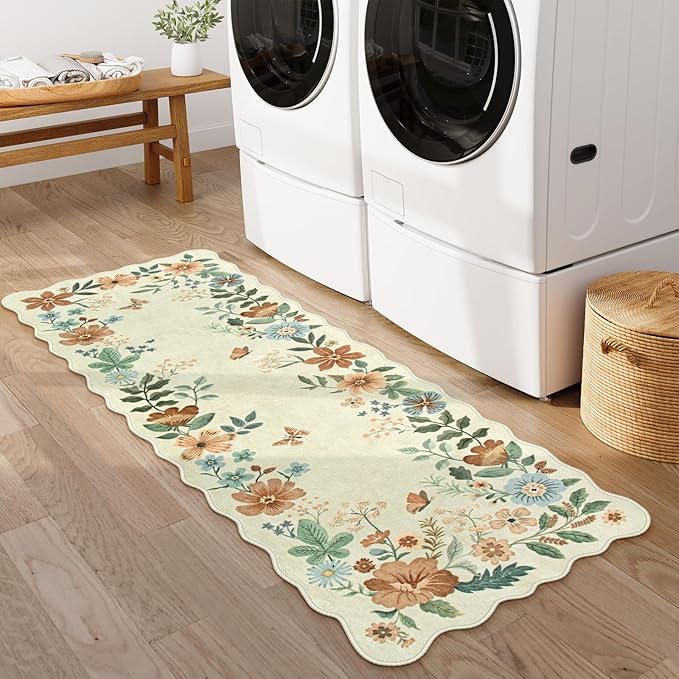 Lahome Floral Kitchen Runner Rug, 2x5 Rug Runners for Hallways Non Slip Ultra-Thin Soft Washable Carpet Runner, Non Slip Low-Pile Stain Resistant Boho Carpet for Bathroom Bedroom(2x5ft,Beige)