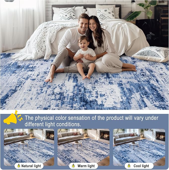 8x10 Area Rugs for Living Room - Washable Rug Modern Abstract Soft Large Neutral Non-Slip Carpet Indoor Floor Thin Carpets for Bedroom Dining Room Farmhouse Nursery Home Office Blue Gray