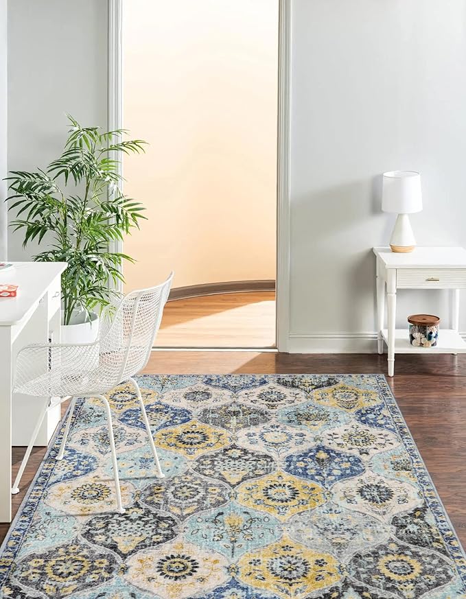 Lahome Moroccan Trellis Washable Small Area Rug, 3x5 Area Rug for Bedroom Living Room, Non-Slip Oriental Accent Throw Carpet for Kitchen Office Entryway Bathroom Office, Yellow/Aqua
