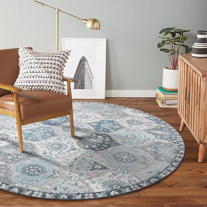 Lahome Moroccan Trellis Washable Round Area Rug, Soft Round Rugs 6ft Ultra-Thin Non-Slip, Vintage Large Circle Carpet for Bedroom Living Room Kitchen Nursery, Blue