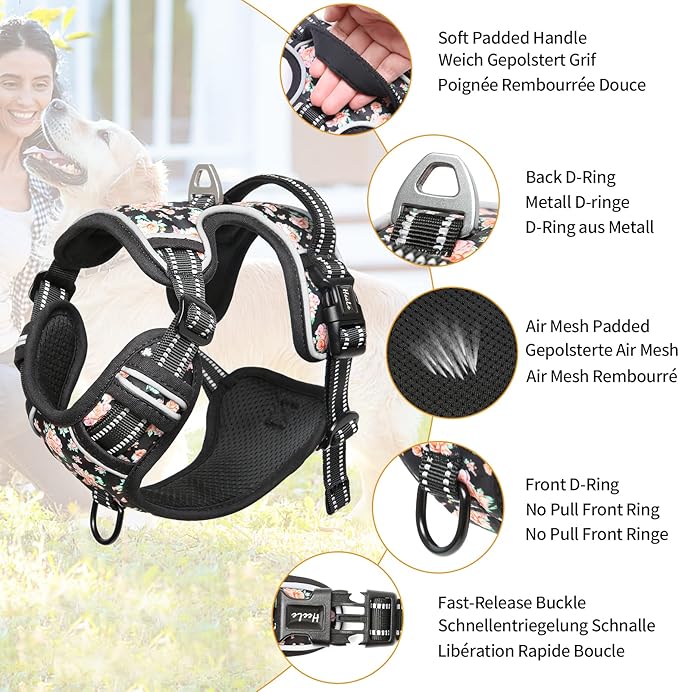 HEELE Dog Harness Harness for Small Dogs No Pull Dog Vest Harness for Small Dog with Soft Padded Handle Reflective for Outdoor Training, Flower-Black, XS