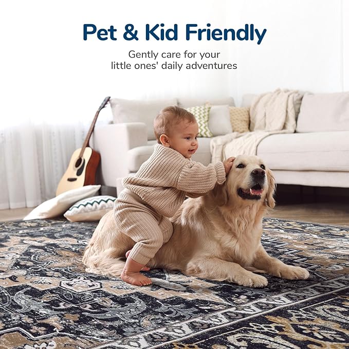 Lessymo Area Rugs 5x8, Machine Washable Area Rug, Super Soft Faux-Wool Area Rugs for Living Room Bedroom Kitchen, Boho Vintage Floral, Non-Slip Low Pile, Kid & Pet Friendly, Black Brown