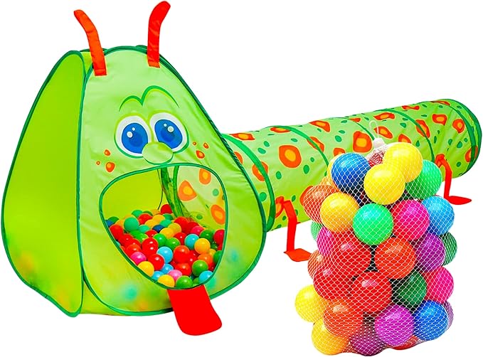 Kiddey Caterpillar Kids Play Tunnel and Tent with 50 Balls 2 Pc. Crawl Through Baby Ball Pit Pop up for Toddler and Babies, Indoor & Outdoor Jungle Gym Party Gift | Crawling Tunnels & Tents