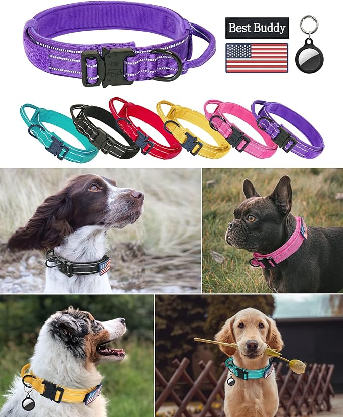AUBELL Reflective Tactical Dog Collar,Adjustable Military Heavy Duty K9 Collars with Handle and Quick Release Metal Buckle Great for Extra Large Dogs, with Airtag Case and 2 Patches (Purple,XL)