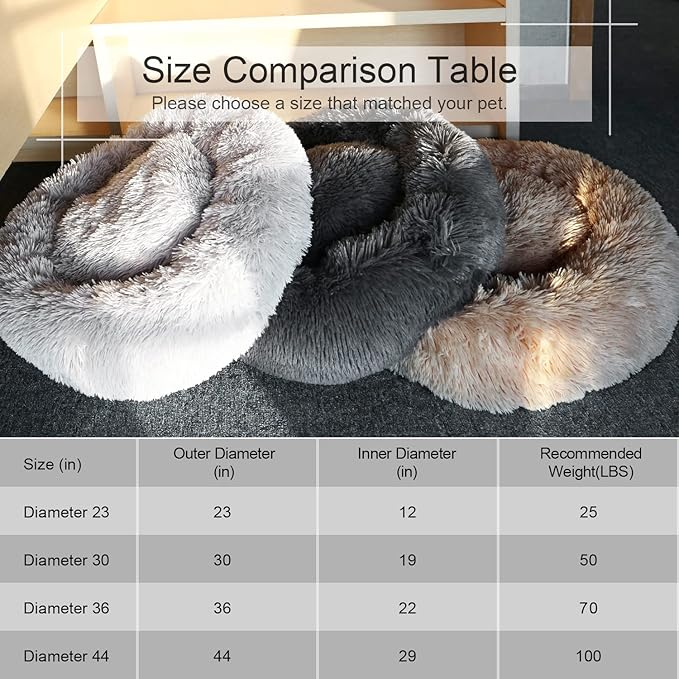 Dog Bed, Cat Calming Bed, Faux Fur Pillow Pet Donut Cuddler Round Plush Bed for Large Medium Small Dogs and Cats