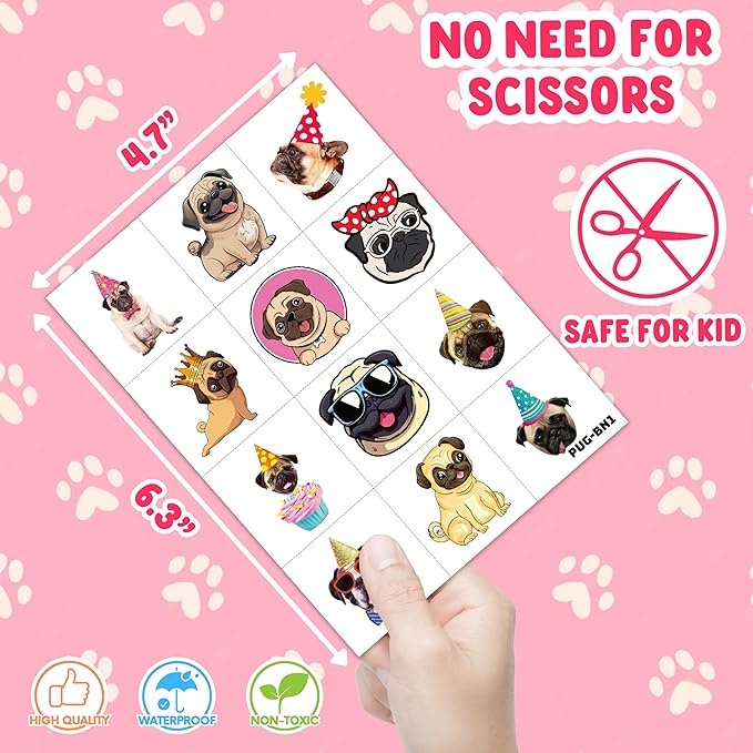 96 PCS Pug Pre-Cut Temporary Tattoos – Cute Dog Puppy Stickers for Kids, Birthday Party Favors, Decorations, Supplies, Gifts for Girls Boys, Classroom School Prizes, Rewards