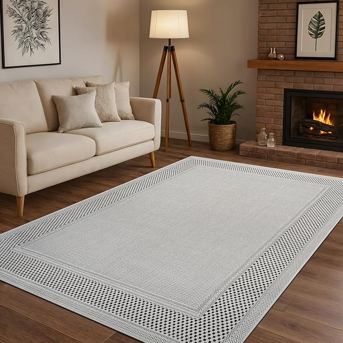 CAMILSON Easy Jute Rug 9x12, Indoor Outdoor Off-White Color Fiber Area Rugs for Living Room Patio and Dining Room Rug, Bordered Boho Woven Design, Easy-Cleaning, Washable Outside Carpet (9 x 12)