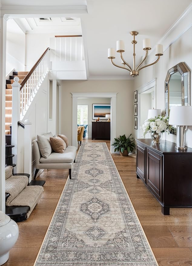 Lahome Oriental Hallway Runner Rug, 2.5x10 Washable Runner Ultra-Thin Hallway Rug for Bedroom Entryway, Soft Long Carpet for Kitchen Bathroom ?랰aundry Room, Grey/Brown
