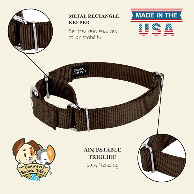 Country Brook Petz - Martingale Dog Collar - Heavy-Duty Training Collar with No Buckle - Service Dog Collar for All Pups - 10+ Warm Colors (Brown, 1 Inch, Medium)
