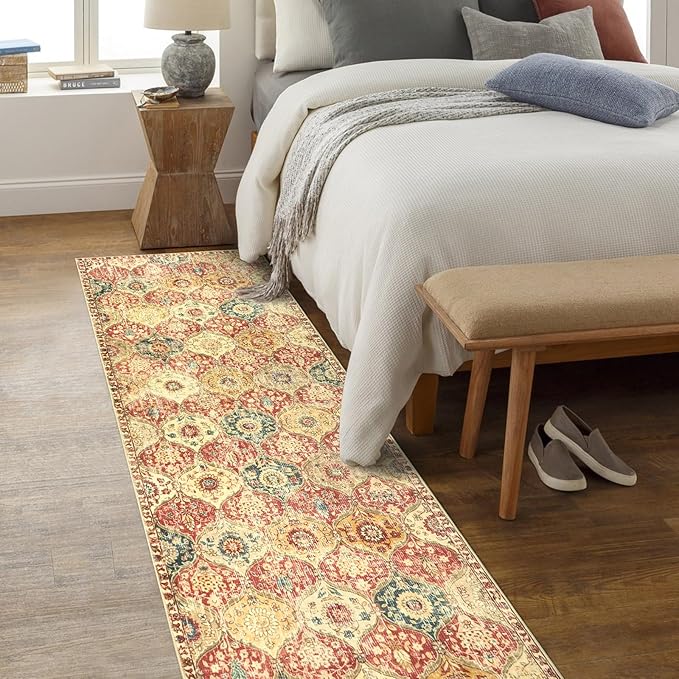 Lahome Moroccan Hallway Rug, 2'5''x8' Kitchen Runner Rugs Non Skid Washable Runners for Hallways, Ultra-Thin Oriental Carpet for Entryway Laundry Room Bedroom Bathroom, Red/Orange