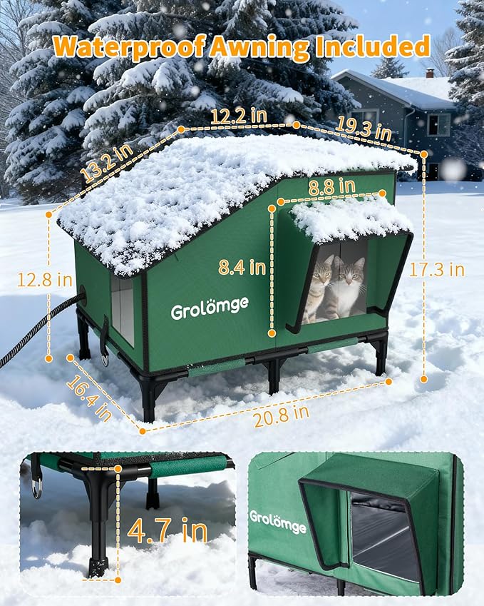 Heated Cat House for Outside, Elevated Cat Shelter with Heating Pad & Escape Door, Extremely Insulated Outdoor Cats Shelter for Feral Cats, Community Pets, Kittens