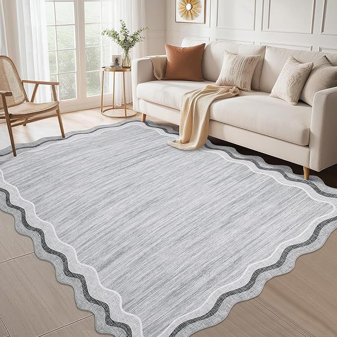 GarveeHome Scalloped Washable Rug 9x12 Area Rugs for Living Room Modern Solid Carpet for Bedroom Abstract Irregular Scalloped Non-Slip Low-Pile Accent Carpet for Dining Room Home Office(Grey, 9x12)
