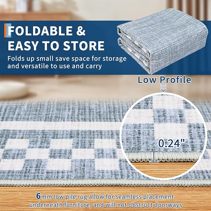 GarveeHome Kitchen Runner Rug Washable Runner Rug 2x6 for Hallway Non Slip Soft Throw Runner Carpet Modern Bordered Bathroom Mat Low Pile Checkered Runner Rugs for Bedroom Living Room Entry, Blue
