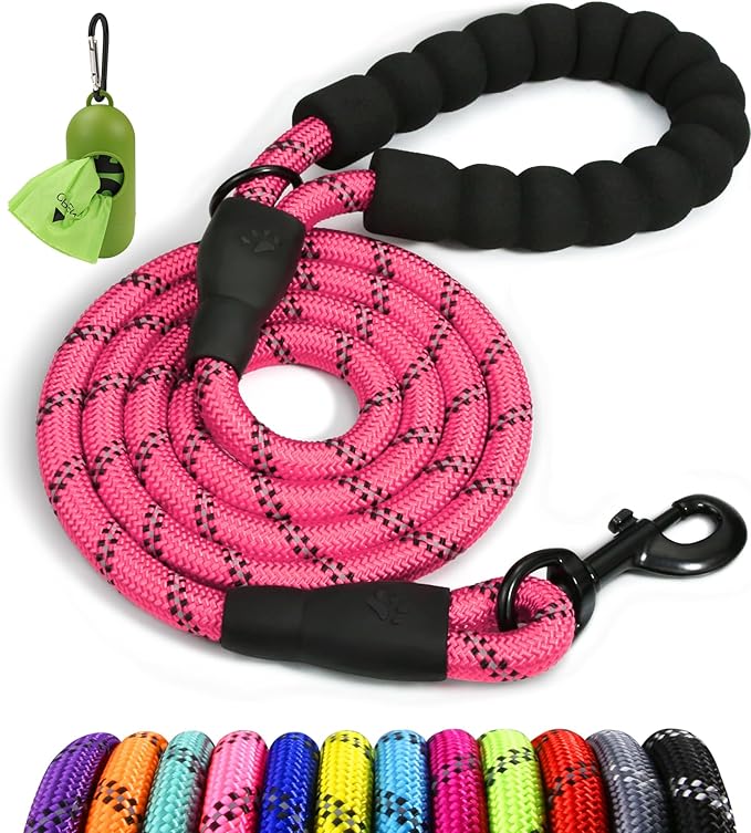 Taglory Rope Dog Leash 5 FT with Comfortable Padded Handle, Highly Reflective Threads Leash for Medium Large Dogs, 1/2 inch, Pink