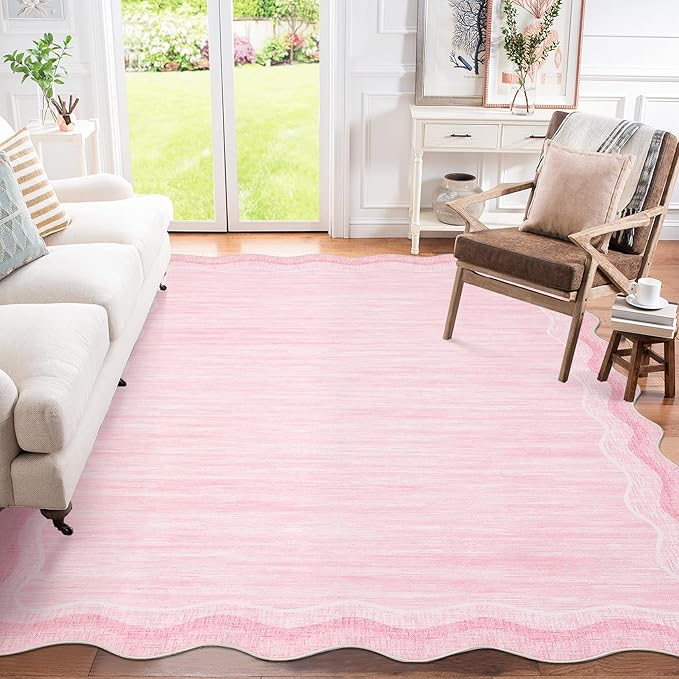 GarveeHome Scalloped Pink Rug 5x7 Modern Solid Living Room Carpet, Non-Slip Contemporary Rug for Girls, Machine Washable Low Pile Indoor Rugs for Entryway,Playroom,Dorm,Office, Pink