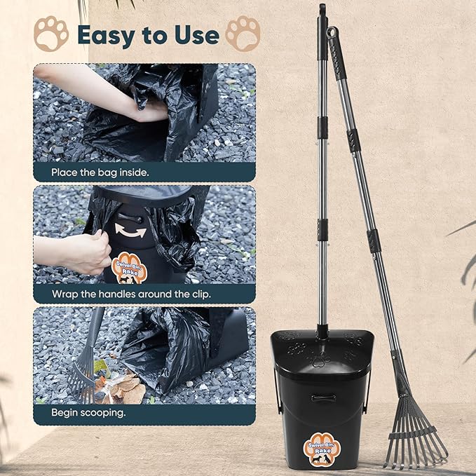 Stainless Steel Dog Pooper Scooper,40" Long Handle Swivel Bin and Rake,20 Waste Bags - Heavy Duty Portable Metal Poop Scooper for Large,Medium and Small Dogs