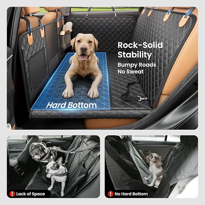 REEVAA Dog Car Seat Cover for Back Seat, Hard Bottom Dog Hammock, Pet Bed Extender for 2-4 Large/Medium Dogs, Waterproof Seat Protector, Universal L Size for SUV Medium Truck, Black+Orange