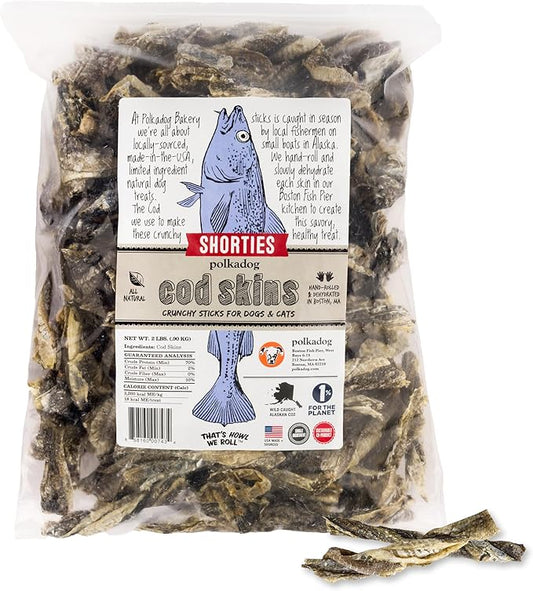 Polkadog Cod Skins for Dogs (2lb Shortie) - Single Ingredient, Wild-Caught Fish Skin Natural Dog Treat Chews. High in Lean Protein & Omega 3. Hypoallergenic, Grain Free. Handcrafted & Made in USA