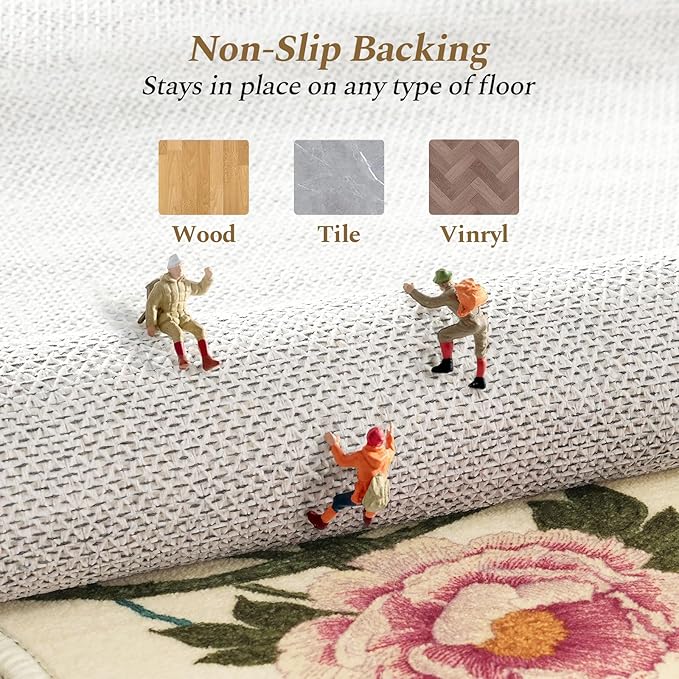 Rugflix 5x7 Floral Area Rug for Living Room, Bedroom, Machine Washable Rugs with Non-Slip Backing, Indoor Low Pile Carpet for Dining Room, Nursery, Kids Pet Friendly