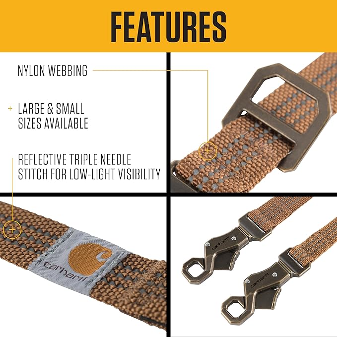 Carhartt Pet Durable Nylon Webbing Leashes for Dogs, Reflective Stitching for Visibility, Carhartt Brown (Nylon Webbing), Large