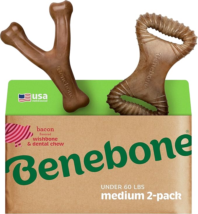 Benebone 2-pack Wishbone/Dental Durable Dog Chew Toys, Dog Toys for Aggressive Chewers, Real Bacon, Made in USA, Medium
