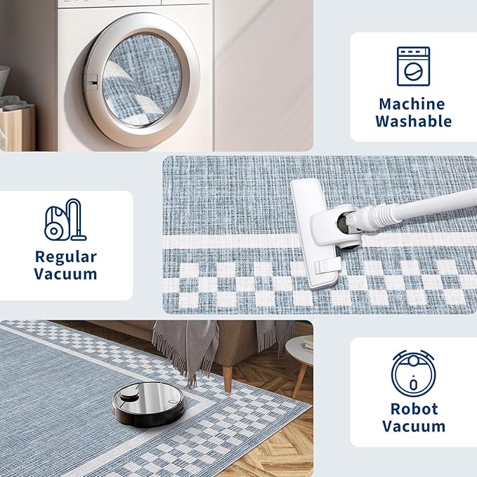 GarveeHome Kitchen Runner Rug Washable Runner Rug 2x6 for Hallway Non Slip Soft Throw Runner Carpet Modern Bordered Bathroom Mat Low Pile Checkered Runner Rugs for Bedroom Living Room Entry, Blue