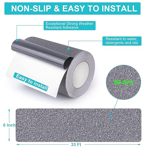 Qingluan Grip Tape, Anti Slip Tape Outdoor/Indoor Waterproof, Non Slip Tape for Stair Steps, Tread Staircases, Ramps, Skateboards (Grey Tape, 5.9" x 33Ft)