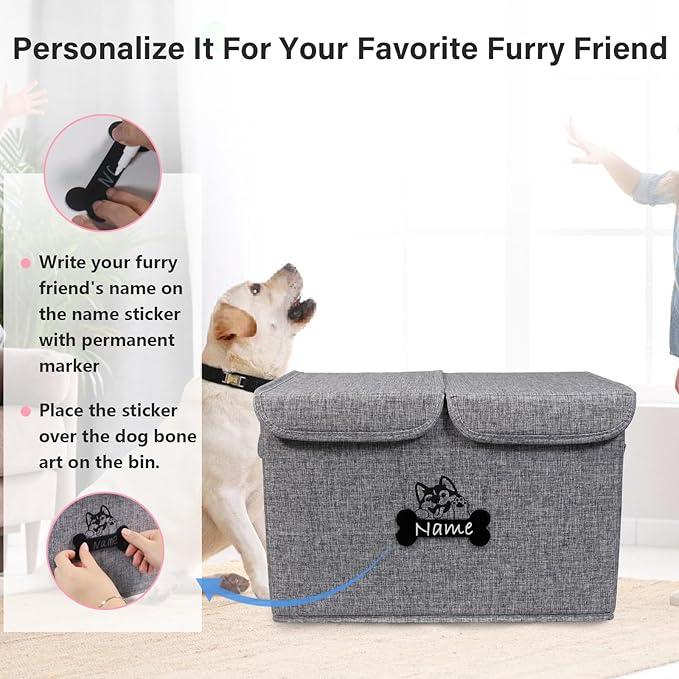 Geyecete Large Storage Boxes - Large Linen Fabric Foldable Storage Cubes Bin Box Containers with Lid and Handles Can be Personalized(Snow Gray)