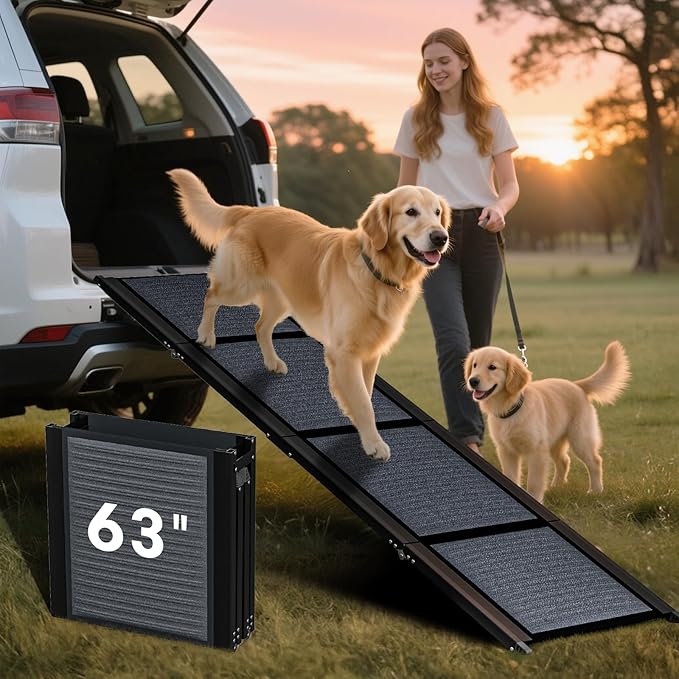 HBTower 63" Long & 17.3" Wide Folding Dog Ramp for Car, SUV & Truck – Portable Pet Ramp with Non-Slip Surface, Extra Wide Steps for Large Dogs Up to 250LBS