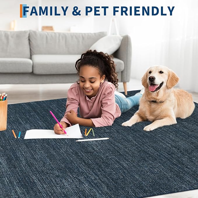 5x7 Washable Rugs Non Slip Minimalist Area Rug for Bedroom Soft Low Pile Solid Color Large Bedroom Throw Carpet Stain Resistant Classic Neutral Area Rug Plain Boho Rugs for Kitchen Nursery, Navy