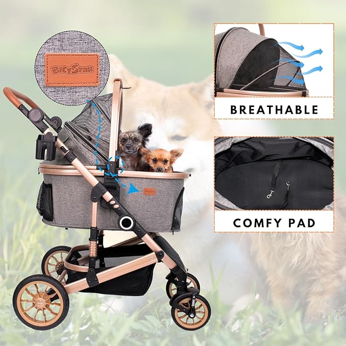 Pet Stroller for Medium Dogs, Smooth-Ride Dog Stroller with Detachable Carrier, Rubber Wheels, Car Seat Combo 3-in-1, Up to 50 lbs, for Senior Dogs & Cats, Grey