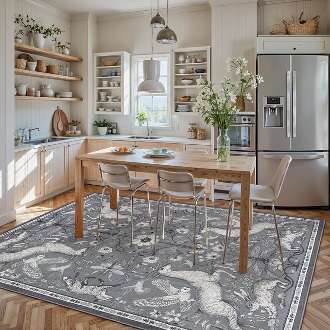 Lahome Boho Animal Washable Rugs for Living Room 8x10, Grey Soft Rugs for Bedroom, Botanical Large Boho Non Slip Dining Room Carpet for Under Table Office Kids Playroom (8x10ft,Grey)