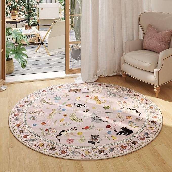 Rugcomf Round Rug 4ft Washable Circle Rug Non Slip Low Pile Boho Floral Animal Cat Small Circular Rug for Bedroom Bathroom Entryway Kids Room Office College Dorm, Pink