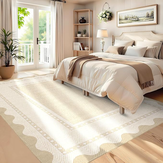 GarveeHome Modern Neutral Area Rug 5x7 Non Slip Washable Rugs for Living Room, Contemporary Bordered Rugs Stain-Resistant Soft Carpet, Low Pile Floor Mats for Dining Room, Bedroom, Beige