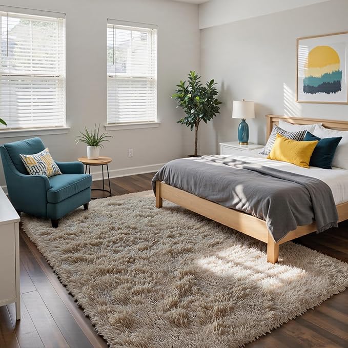 Fluffy Rug Shaggy Area Rug, Beige 5x8 Area Rugs for Bedroom, Small Bedside Rug, Soft Fluffy Shaggy Entryway Throw Rugs for Living Room Bedroom Kids Room Home Decor