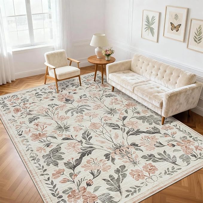 5x7 Area Rugs Washable Rug: Lagre Boho Living Room Rug Soft Non-Slip Thin Carpet Indoor Floor Non-Shedding Neutral Floral Carpets for Bedroom Dining Room Farmhouse Nursery Pink