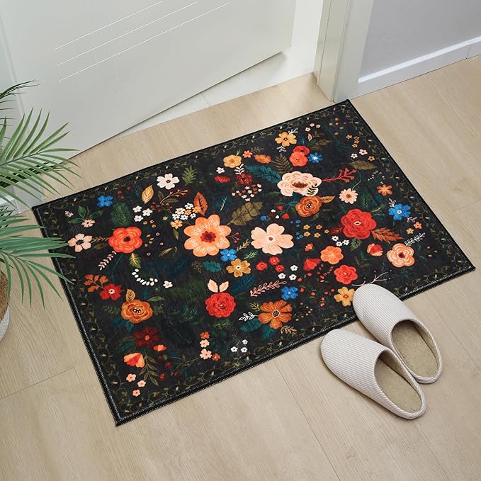 Rugcomf Door Mat Indoor Entrance 2x3 Rug Machine Washable Boho Floral Small Area Rug Non-Slip Low Pile Throw Rugs for Entryway, Kitchen, Front Door Indoor Entrance, Entry, Kids Room (Black)