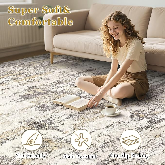 Area Rugs for Living Room: 10x14 Abstract Washable Rug Modern Neutral Large Soft Stain Resistant Non-Slip Backing Machine Table for Bedroom Dining Room Indoor Home Office Carpet - Gold Brown