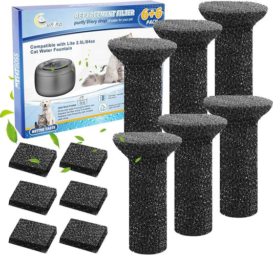 Lite Fountain Replacement Foam Filters and Sponge Mufflers - 6 Sets (Compatible with Lite 2.5L/84oz Cat Water Fountain)
