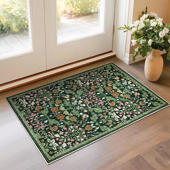 Floral Entryway Washable Rug: 2x3 Soft Low Pile Thin Indoor Front Door Mat, Non Slip Stain Resistant Vintage Flower Boho Accent Small Rugs for Bedroom, Kitchen, Bathroom, Nursery Entrance - Green