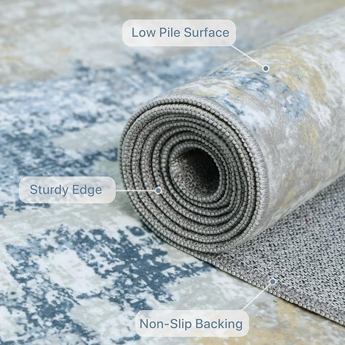 Area Rugs 5x7 for Living Room Bedroom, Modern Abstract Machine Washable Soft Blue Rug, Floor Carpet with Non Slip Backing for Dining Room