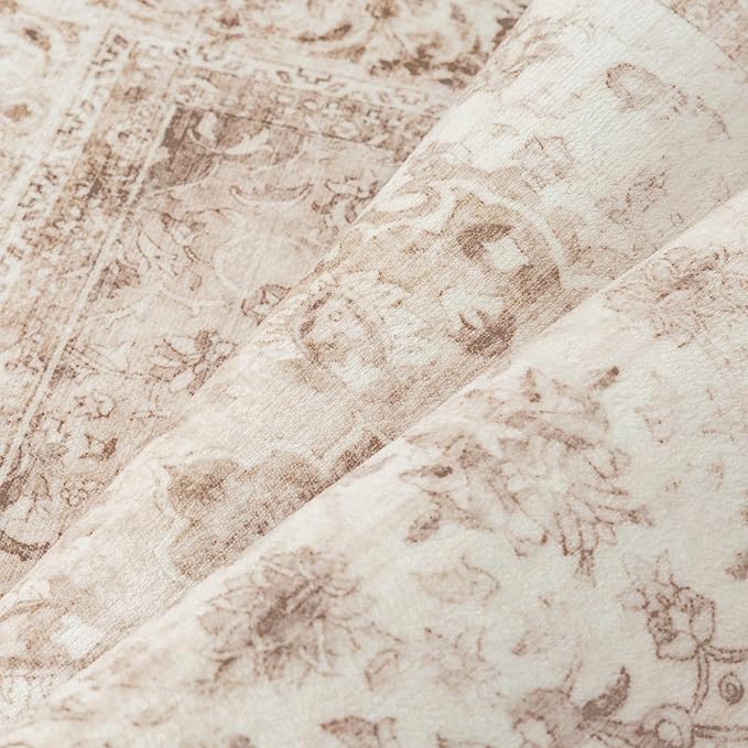 5x7 Beige Washable Vintage Area Rug for Living Room Bedroom Soft Tranditional Non Slip Large Throw Rug Lightweight Floral Low Pile Distressed Carpet Office Playroom Dining Laundry Room
